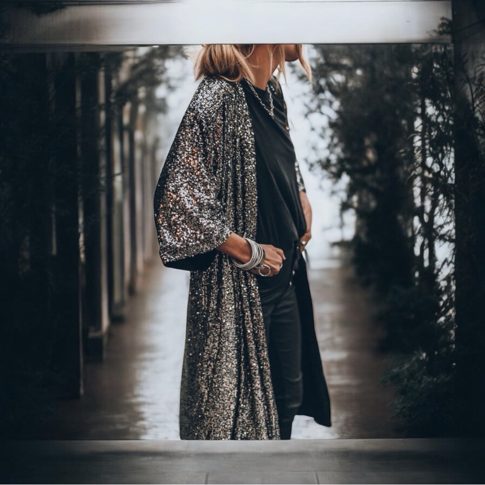 Silver Sequin Bracelet sleeve Open Front Long Cardigan